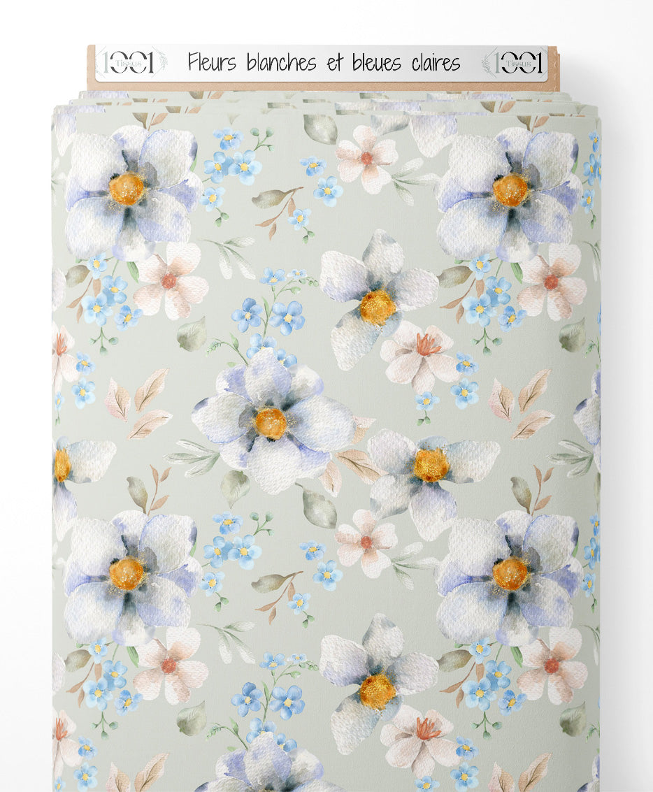 Tissu - Fleurs blanches et bleues claires