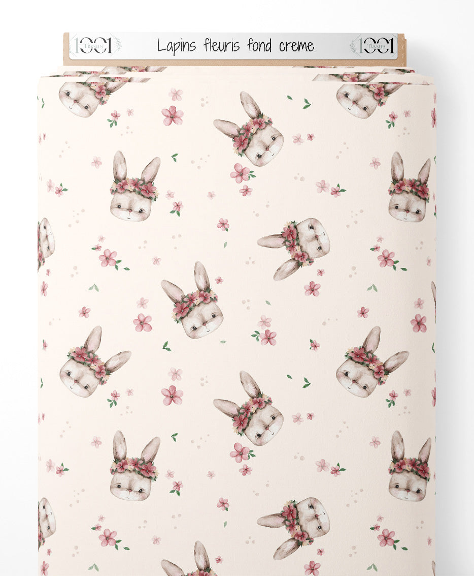 Tissu - Lapins fleuris sur fond crème