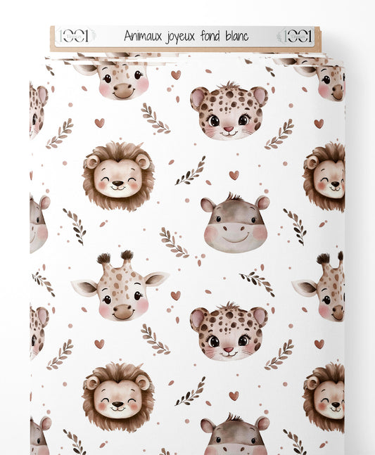 Tissu - Animaux joyeux sur fond blanc