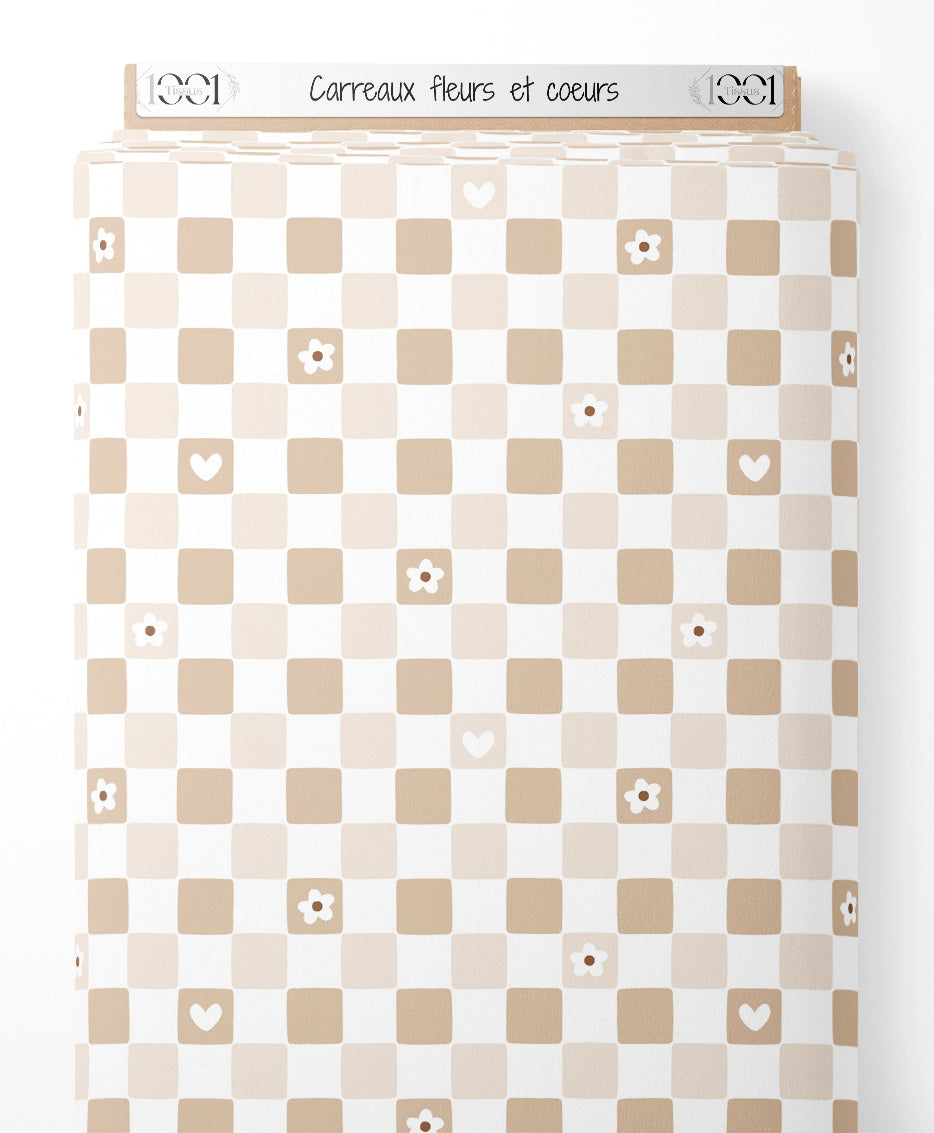 Tissu - Carreaux fleurs et cœurs