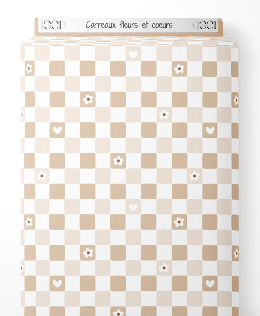 Tissu - Carreaux fleurs et cœurs
