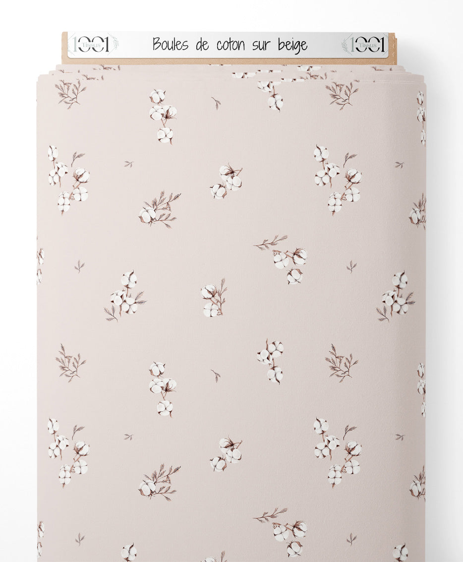 Tissu - Boules de coton sur beige