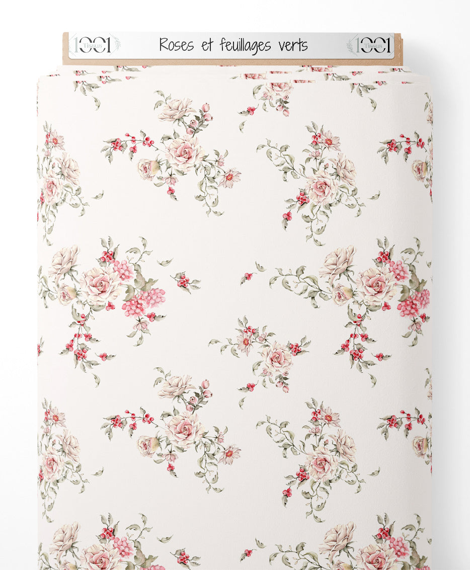 Tissu - Roses et feuillages verts