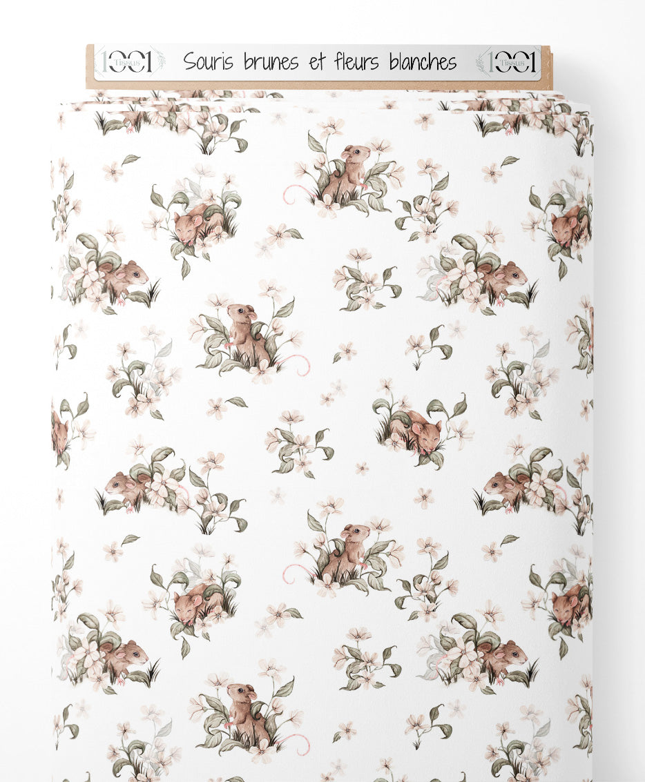 Tissu - Souris brunes et fleurs blanches