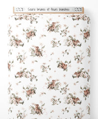 Tissu - Souris brunes et fleurs blanches