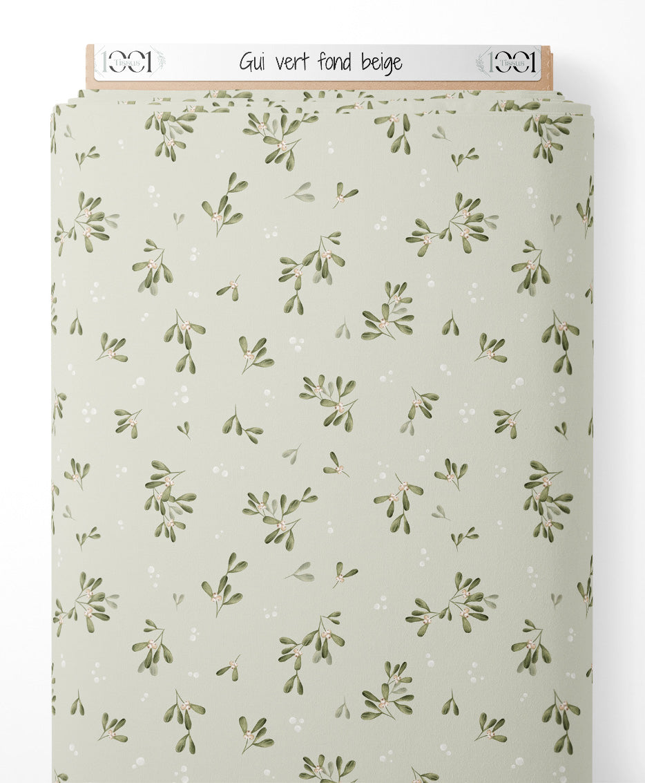 Tissu - Gui vert sur fond beige