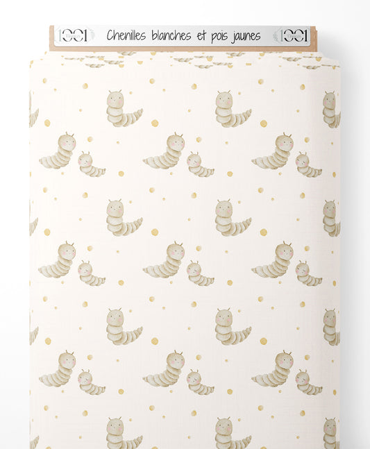 Tissu - Chenilles blanches et pois jaunes
