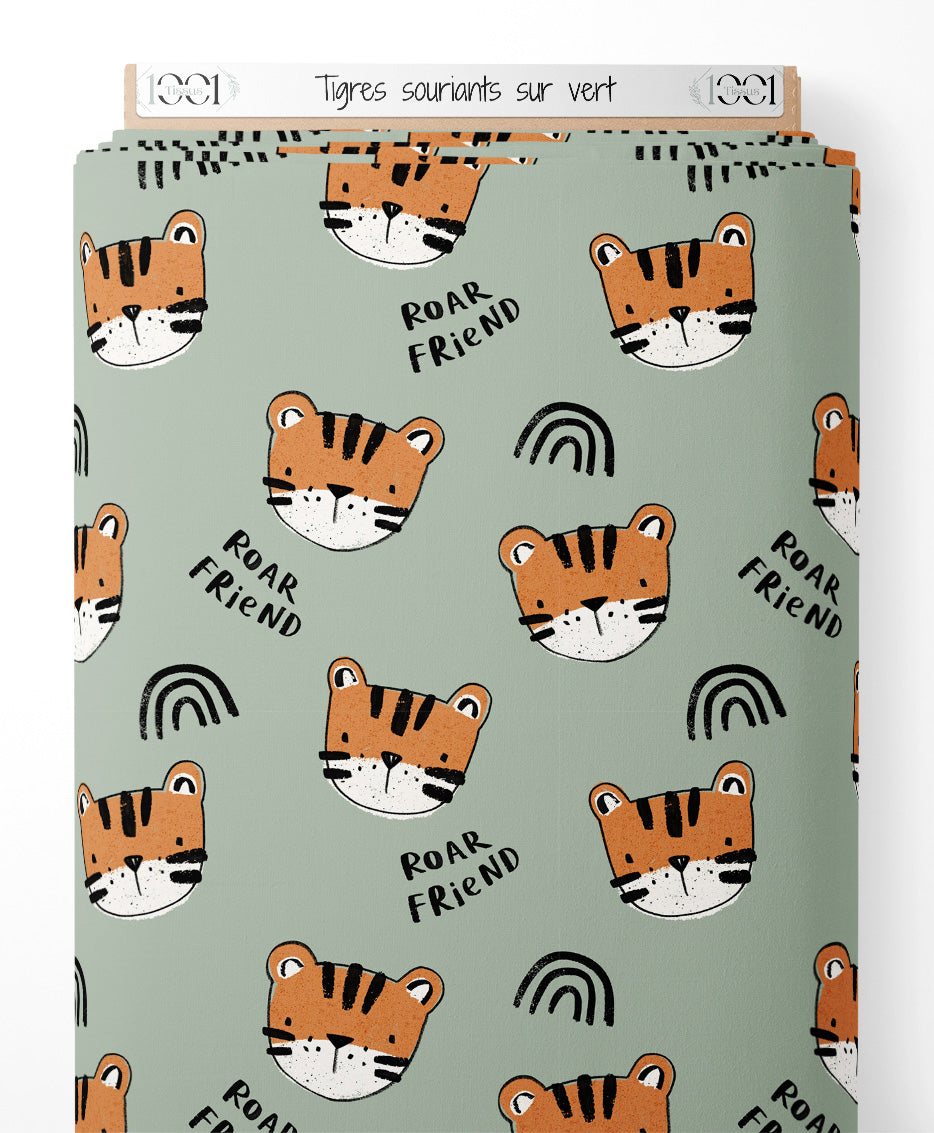 Tissu - Tigres souriants sur vert