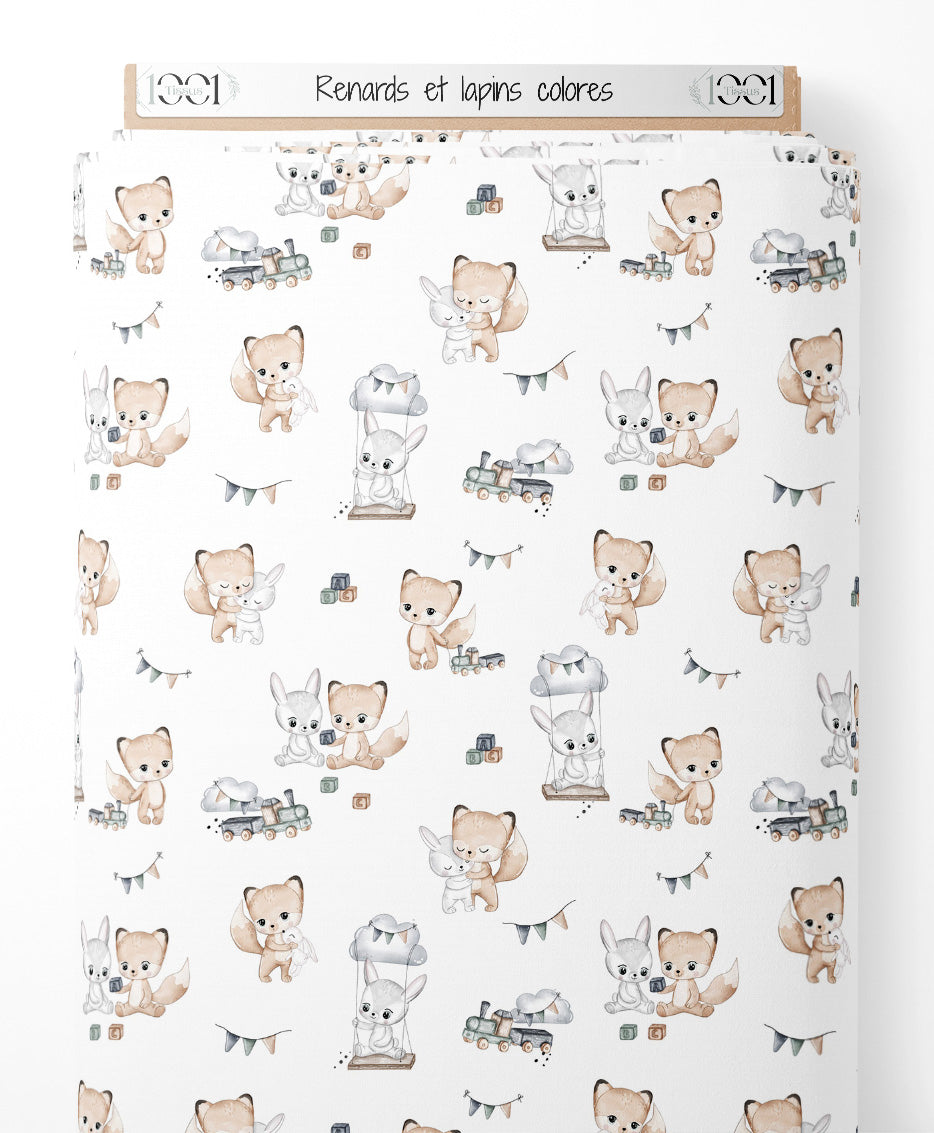 Tissu - Renards et lapins colorés