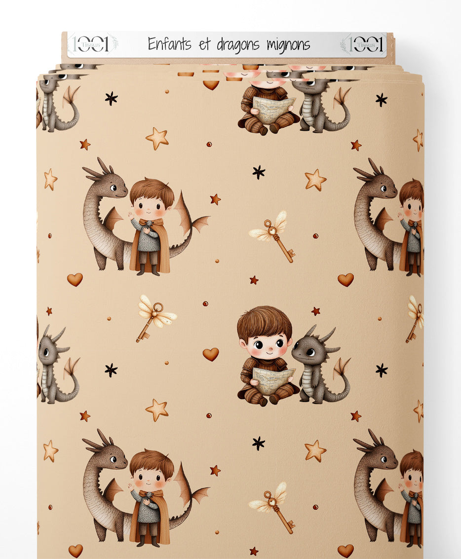 Tissu - Enfants et dragons mignons