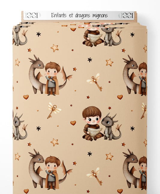 Tissu - Enfants et dragons mignons