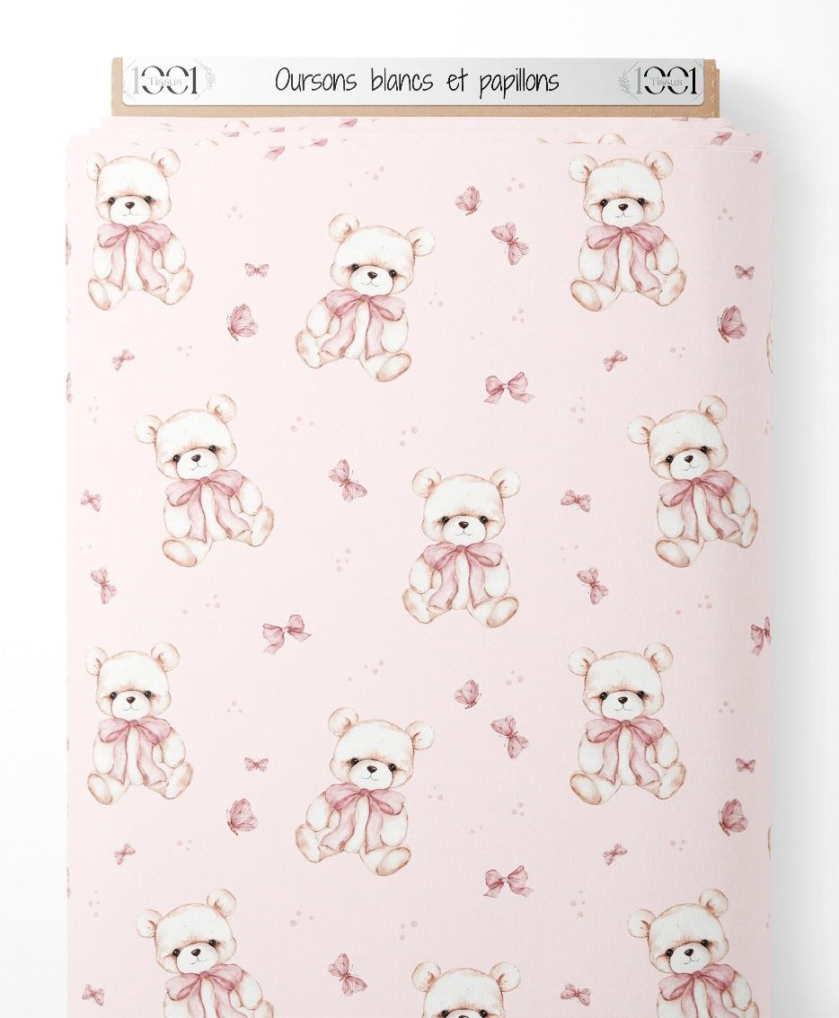 Tissu - Oursons blancs et papillons