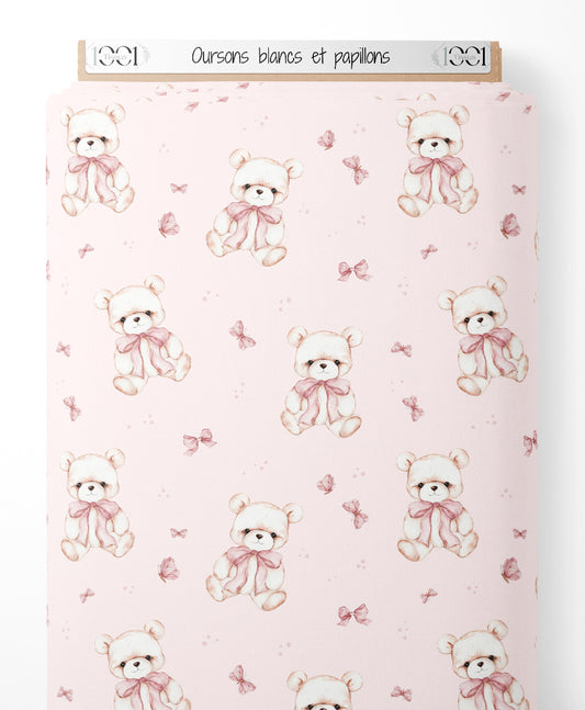 Tissu - Oursons blancs et papillons