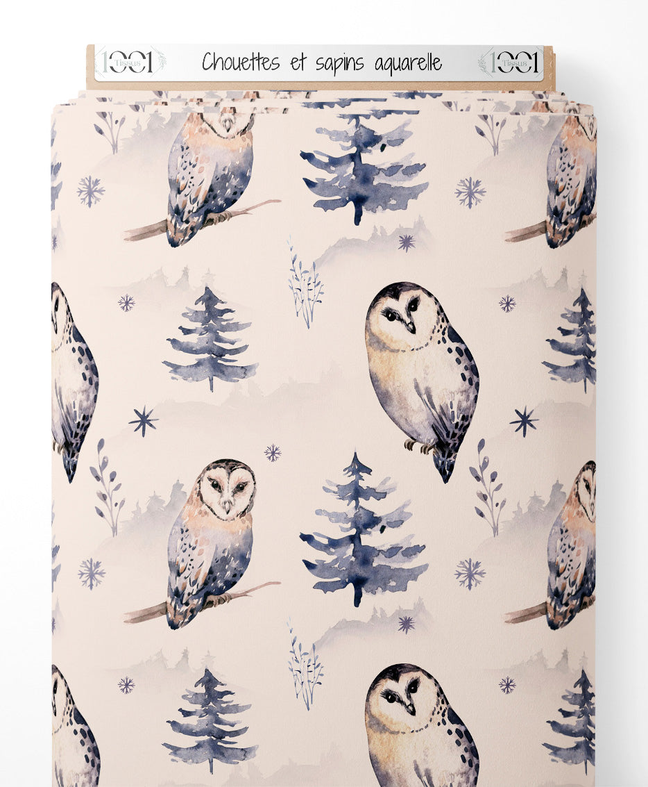 Tissu - Chouettes et sapins aquarelle