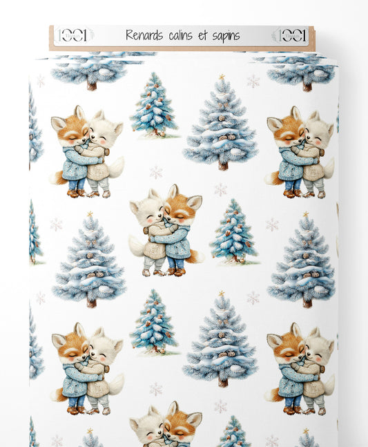 Tissu - Renards câlins et sapins
