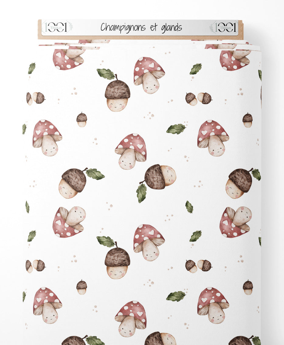 Tissu - Champignons et glands sur fond