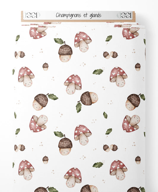 Tissu - Champignons et glands sur fond