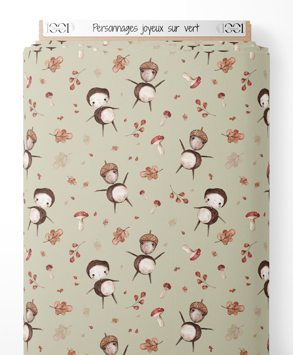 Tissu - Personnages joyeux sur vert