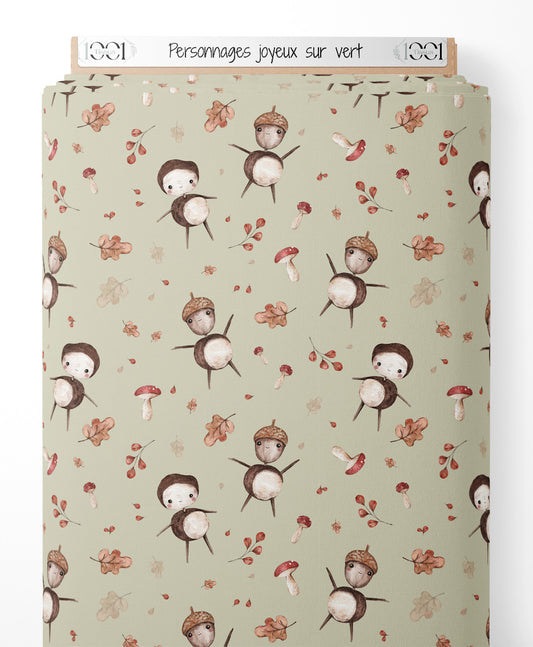 Tissu - Personnages joyeux sur vert
