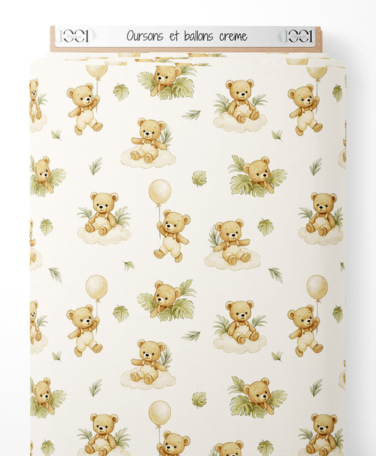Tissu - Oursons et ballons crème