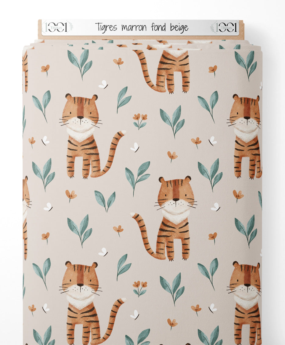 Tissu - Tigres marron sur fond beige