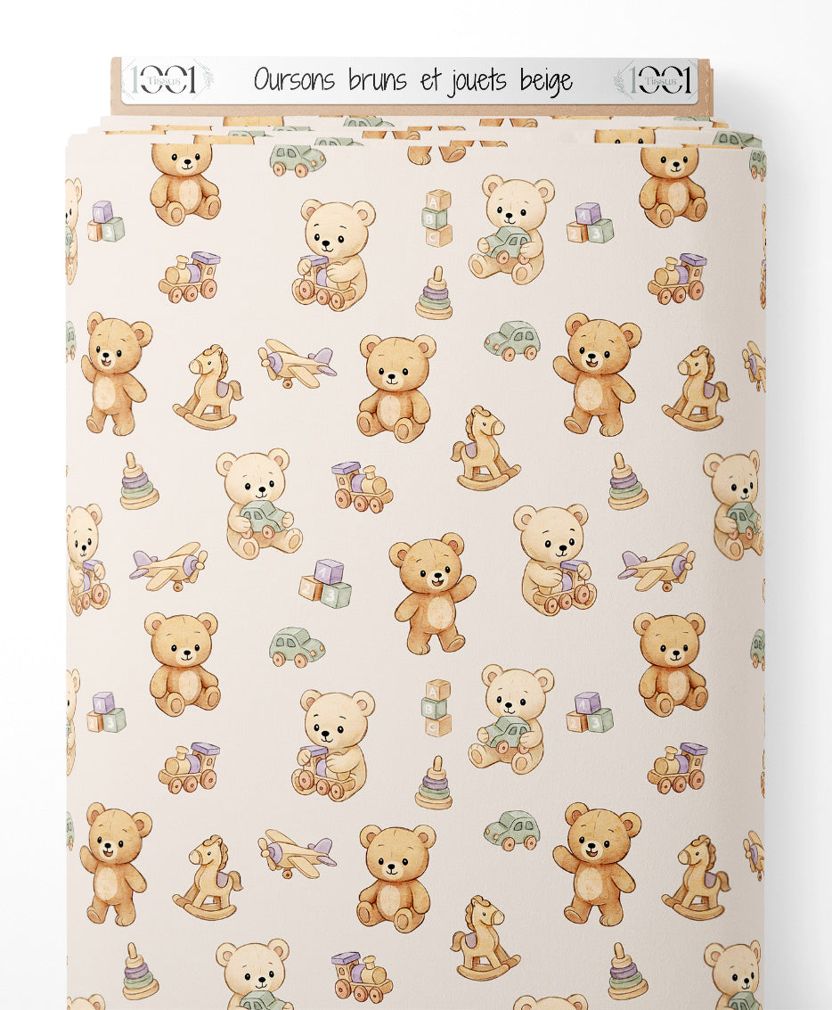 Tissu - Oursons bruns et jouets beige