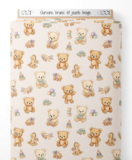 Tissu - Oursons bruns et jouets beige