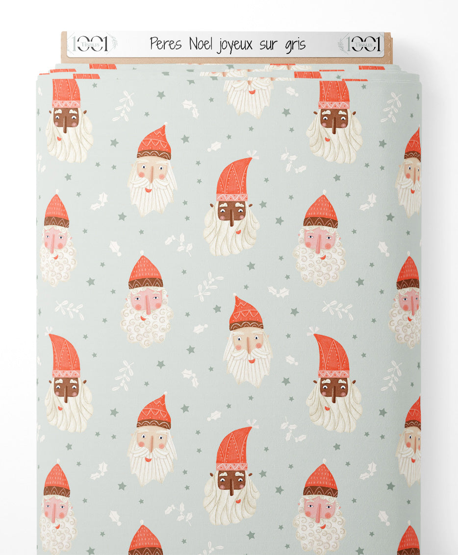 Tissu - Pères Noël joyeux sur gris