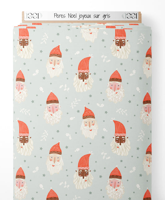 Tissu - Pères Noël joyeux sur gris