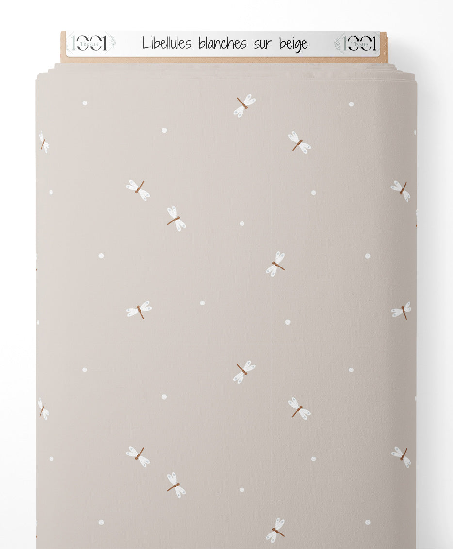 Tissu - Libellules blanches sur beige