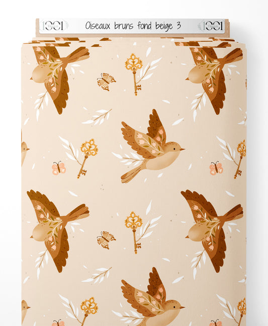 Tissu - Oiseaux bruns sur fond beige 3
