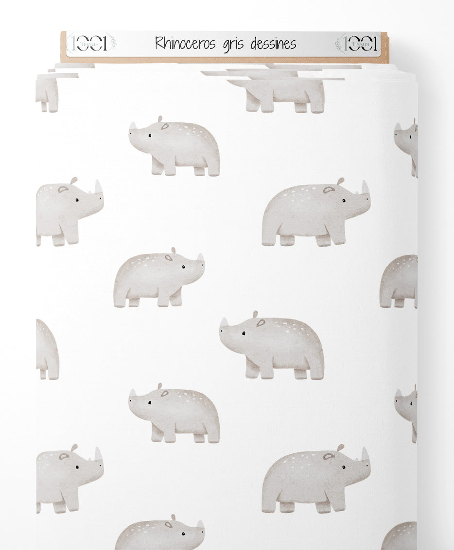 Tissu - Rhinocéros gris dessinés