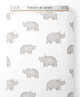 Tissu - Rhinocéros gris dessinés
