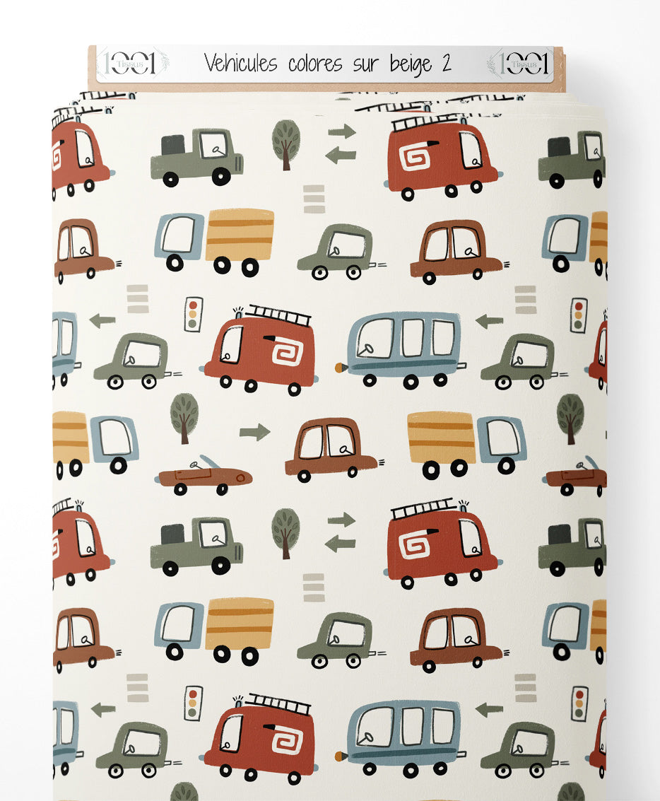 Tissu - Véhicules colorés sur beige 2