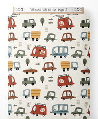 Tissu - Véhicules colorés sur beige 2