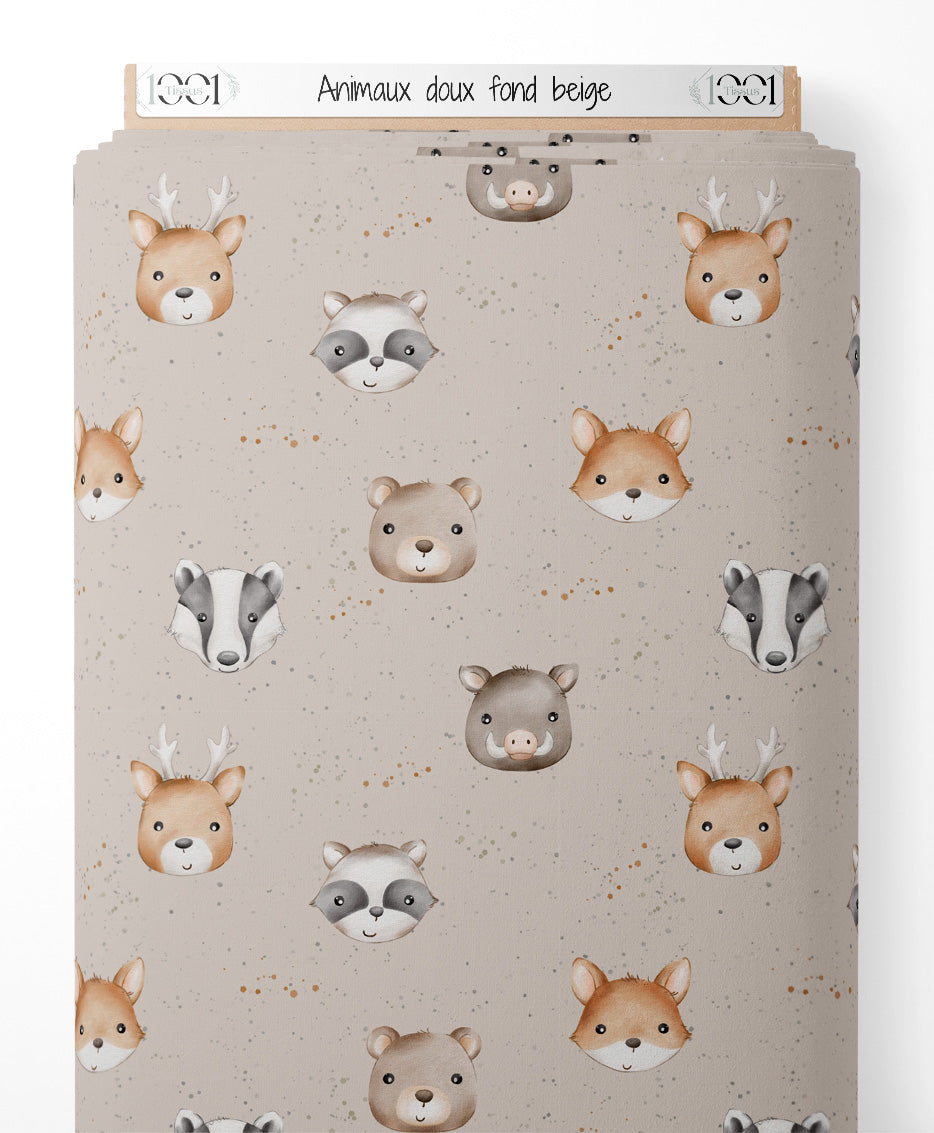 Tissu - Animaux doux sur fond beige