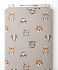 Tissu - Animaux doux sur fond beige