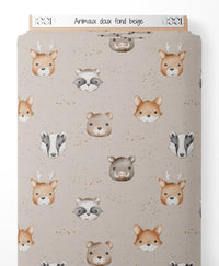 Tissu - Animaux doux sur fond beige