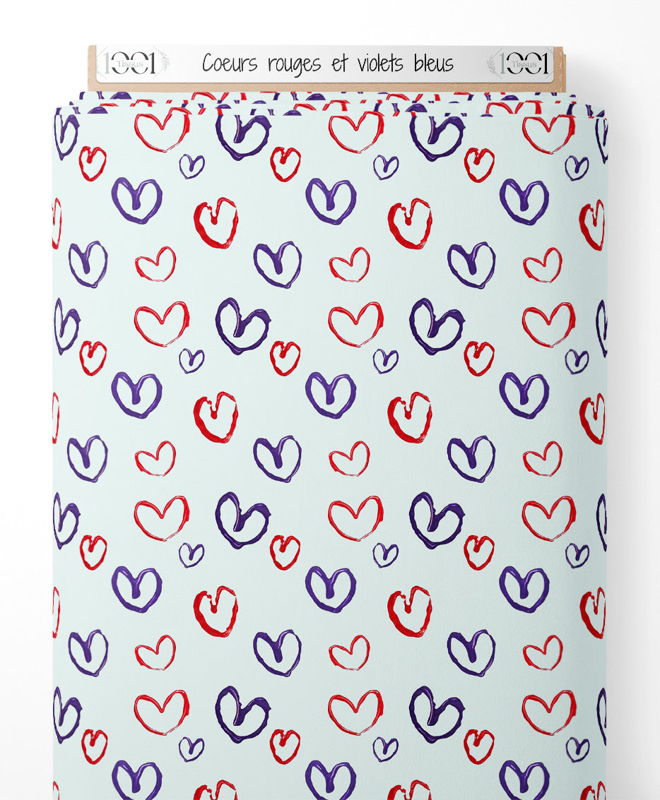 Tissu - Cœurs rouges et violets bleus