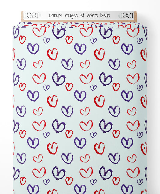 Tissu - Cœurs rouges et violets bleus
