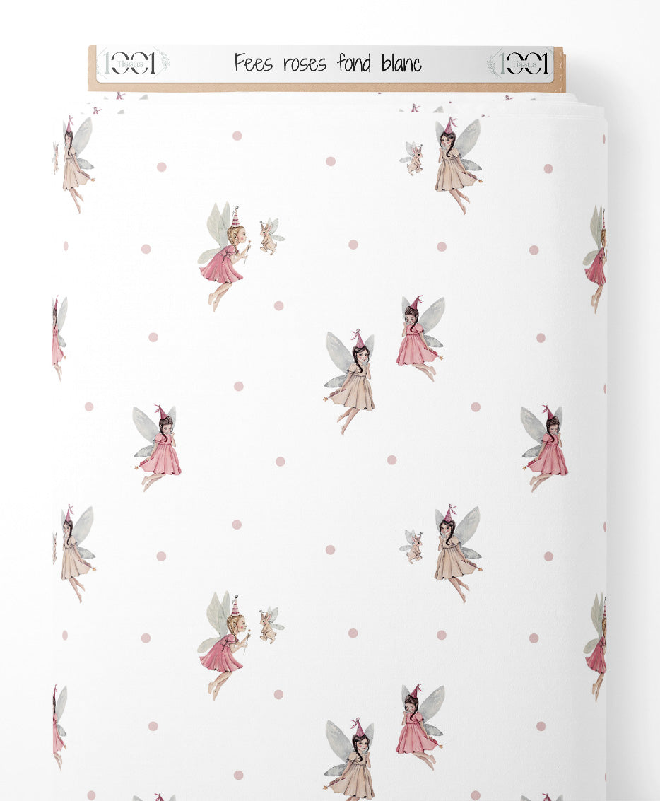 Tissu - Fées roses sur fond blanc
