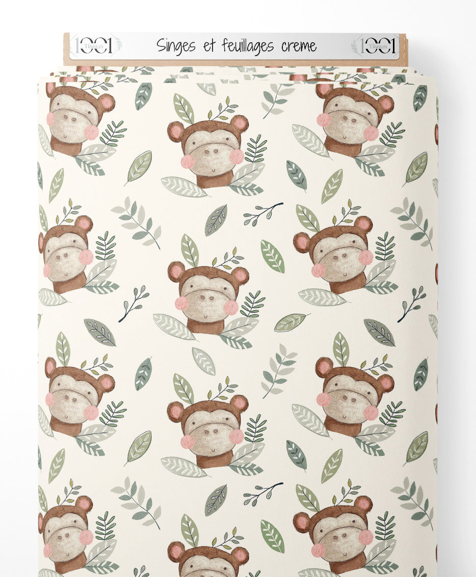 Tissu - Singes et feuillages crème