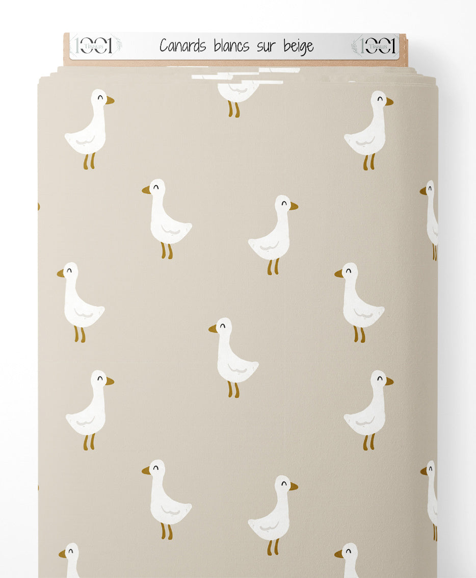 Tissu - Canards blancs sur beige