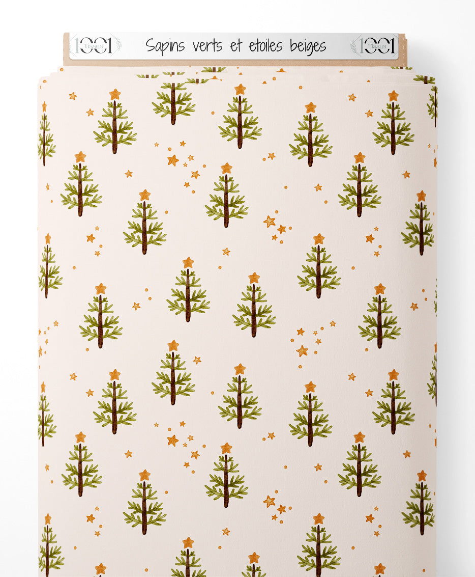 Tissu - Sapins verts et étoiles beiges