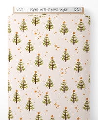 Tissu - Sapins verts et étoiles beiges