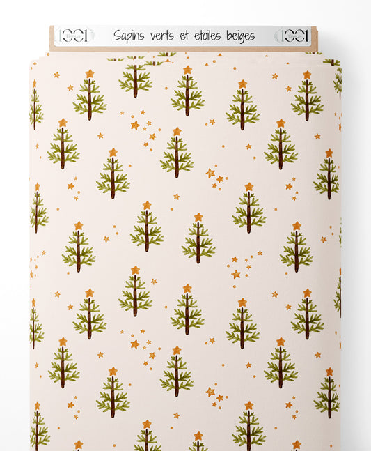 Tissu - Sapins verts et étoiles beiges