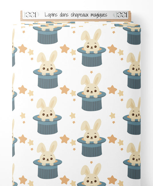 Tissu - Lapins dans chapeaux magiques