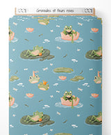 Tissu - Grenouilles et fleurs roses