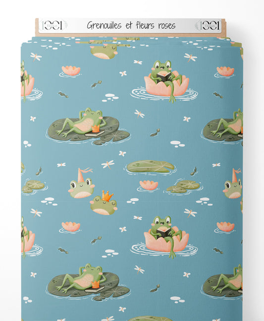 Tissu - Grenouilles et fleurs roses