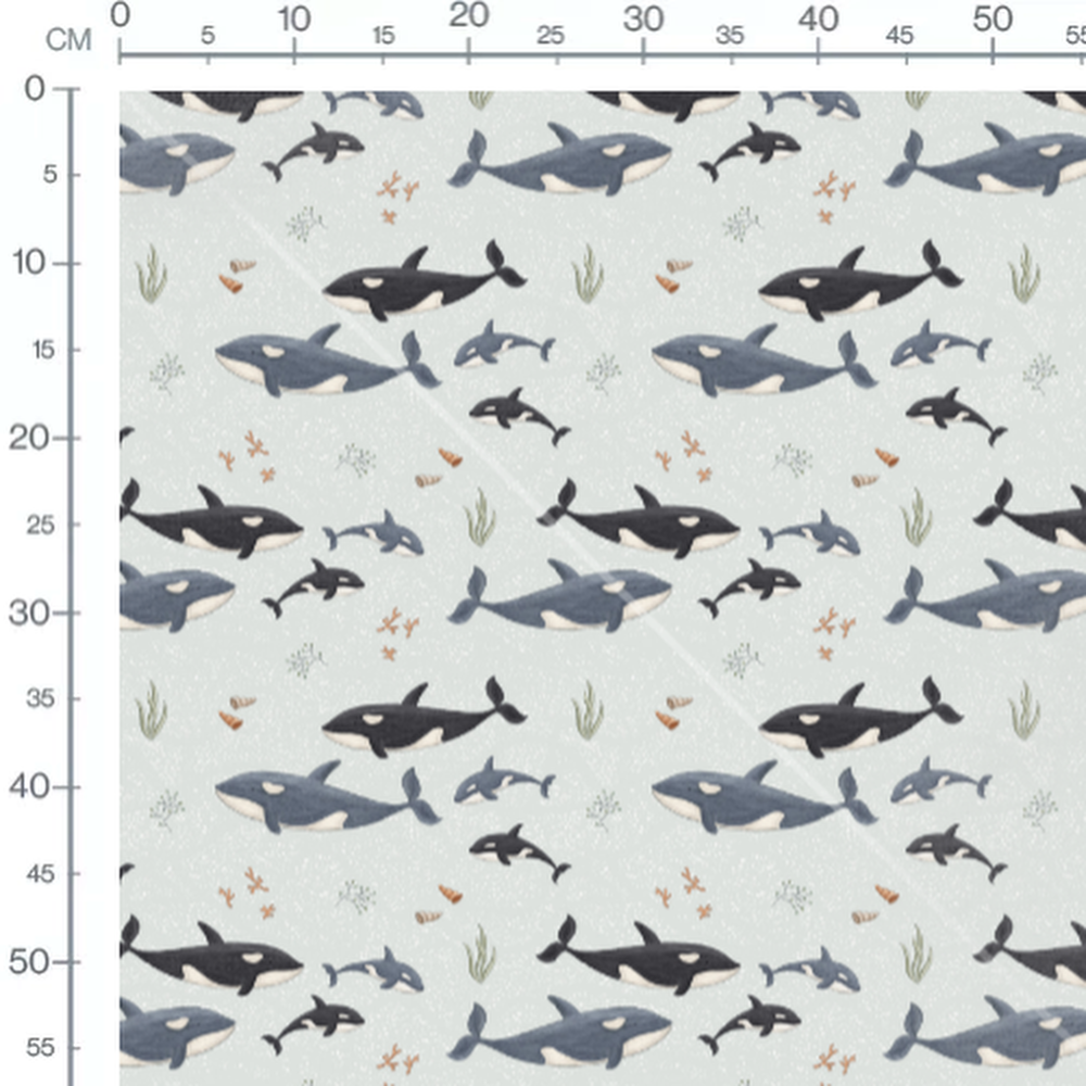 Tissu - Orques et baleines sur gris